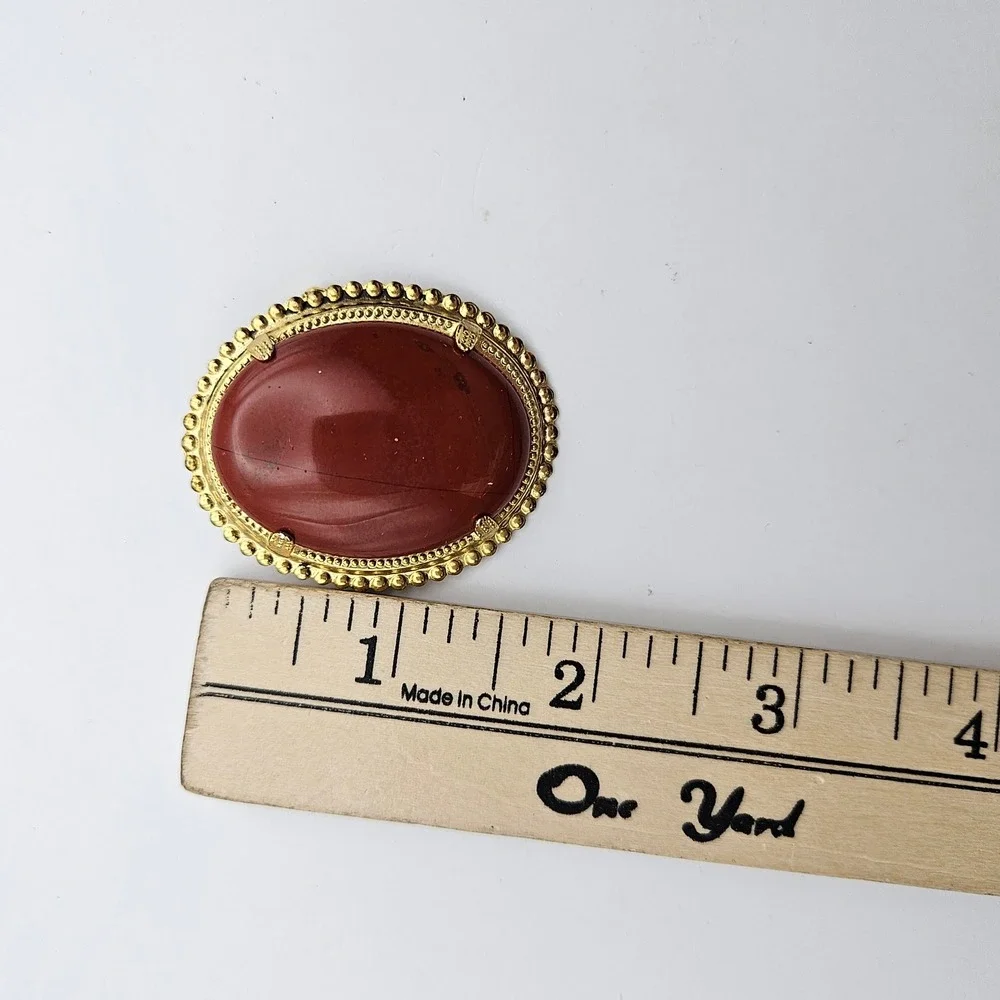 Vintage Orange Stone Oval Brooch Pendant Gold Tone Beaded Frame Victorian Style